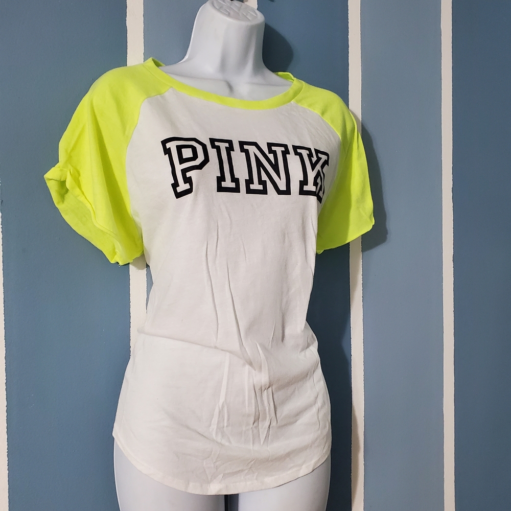 PINK Victoria's Secret Neon Yellow and White Tee